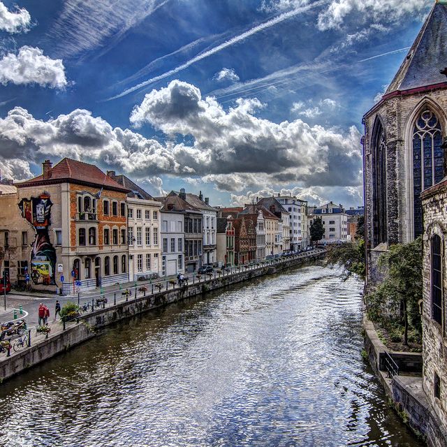 Ghent's canal view: Medieval city's sky
