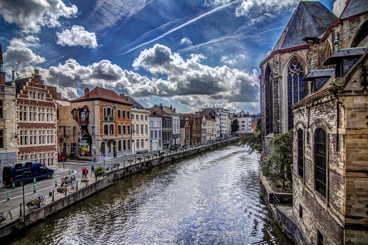 Ghent's canal view: Medieval city's sky